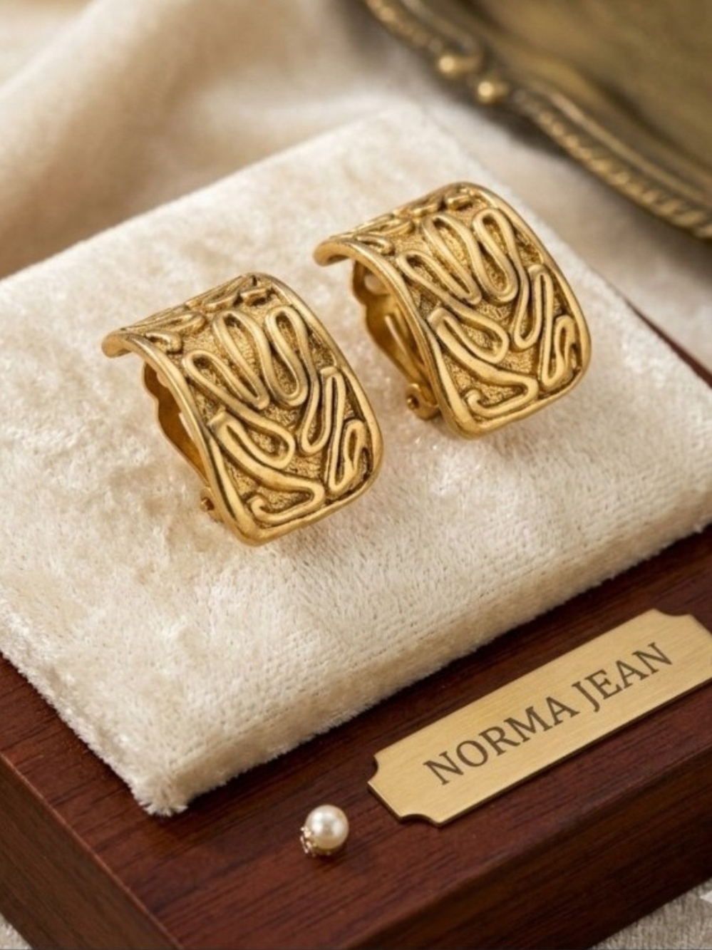 Vintage Norma Jean Modernist Textured Gold Clip-On Earrings